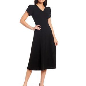 Calvin Klein Scuba Crepe Short Tulip Sleeve V-Neck A-Line Midi Dress